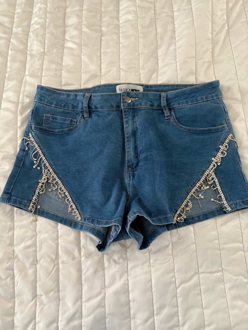 Fashion Nova Blue Denim Beaded Fringe Women's Shorts